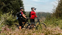 Zwei Mountainbikefahrer machen eine Rast im Harz