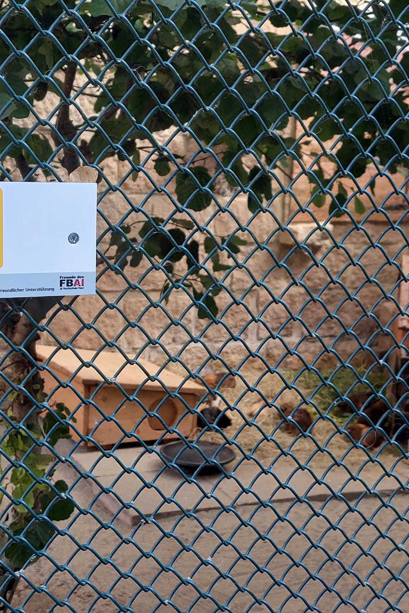 Am Zaun des Wildtiergeheges ist ein Schild mit einem QR-Code zur Rallye durch den Wildpark Christianental angebracht.